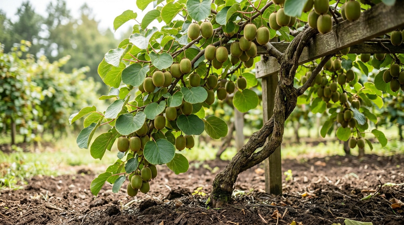Pied de vigne de kiwi en espalier avec de nombreux fruits mûrs suspendus aux branches dans un verger.