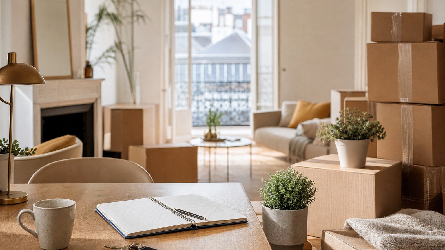 Salon lumineux avec cartons, clés et carnet de préparation de déménagement